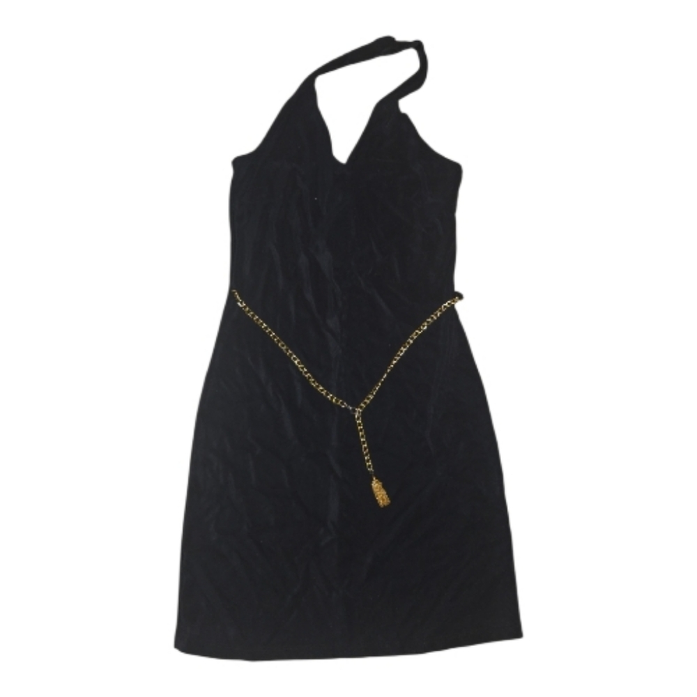 Y2K Black Halter Dress with Gold Chain Front Belt Size M